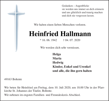 Traueranzeige von Heinfried Hallmann von Neue Osnabrücker Zeitung GmbH & Co. KG