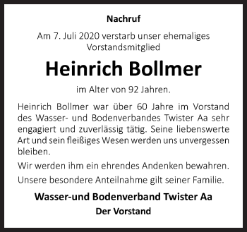 Traueranzeige von Heinrich Bollmer von Neue Osnabrücker Zeitung GmbH & Co. KG