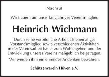 Traueranzeige von Heinrich Wichmann von Neue Osnabrücker Zeitung GmbH & Co. KG