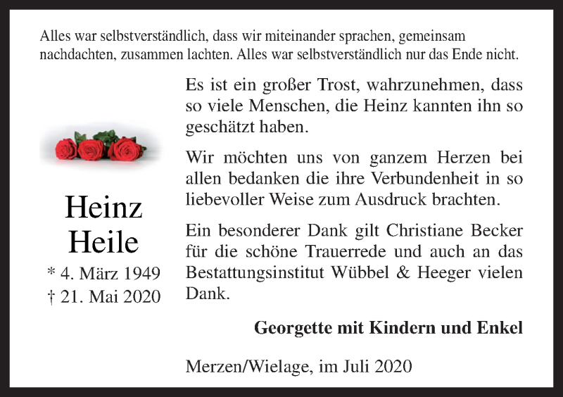  Traueranzeige für Heinz Heile vom 04.07.2020 aus Neue Osnabrücker Zeitung GmbH & Co. KG