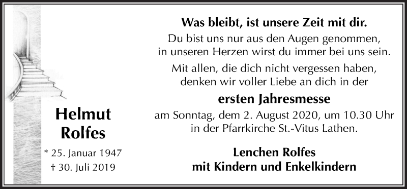  Traueranzeige für Helmut Rolfes vom 30.07.2020 aus Neue Osnabrücker Zeitung GmbH & Co. KG