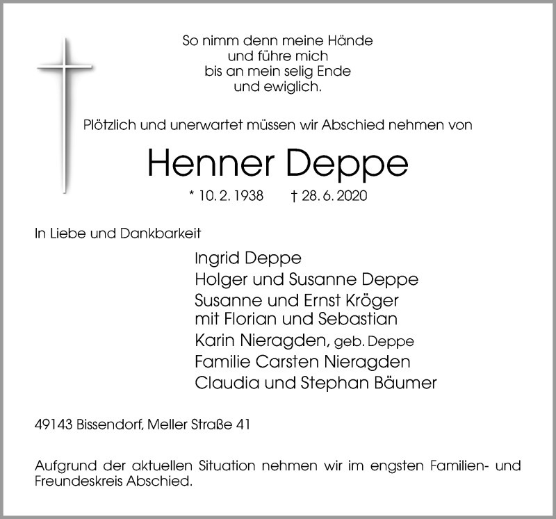  Traueranzeige für Henner Deppe vom 01.07.2020 aus Neue Osnabrücker Zeitung GmbH & Co. KG