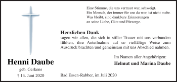 Traueranzeige von Henni Daube von Neue Osnabrücker Zeitung GmbH & Co. KG