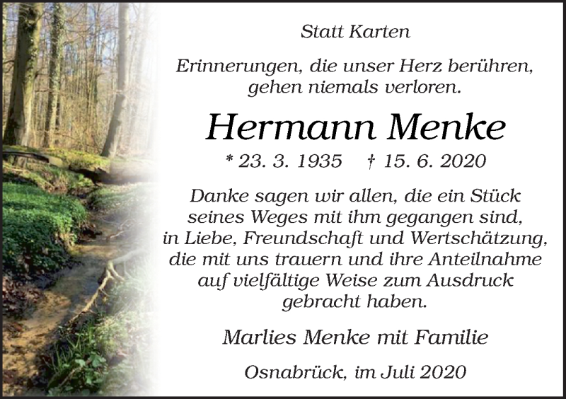  Traueranzeige für Hermann Menke vom 04.07.2020 aus Neue Osnabrücker Zeitung GmbH & Co. KG