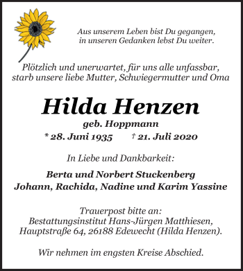 Traueranzeige von Hilda Henzen von Neue Osnabrücker Zeitung GmbH & Co. KG