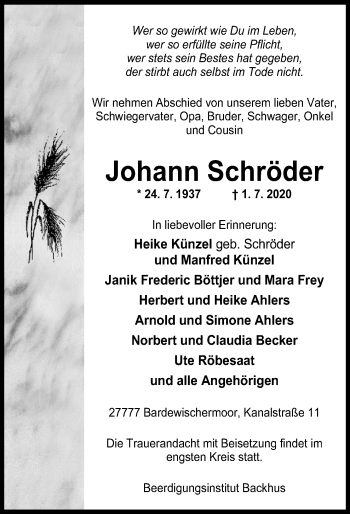 Traueranzeige von Johann Schröder von Neue Osnabrücker Zeitung GmbH & Co. KG