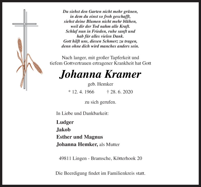  Traueranzeige für Johanna Kramer vom 01.07.2020 aus Neue Osnabrücker Zeitung GmbH & Co. KG