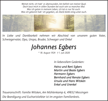 Traueranzeige von Johannes Egbers von Neue Osnabrücker Zeitung GmbH & Co. KG