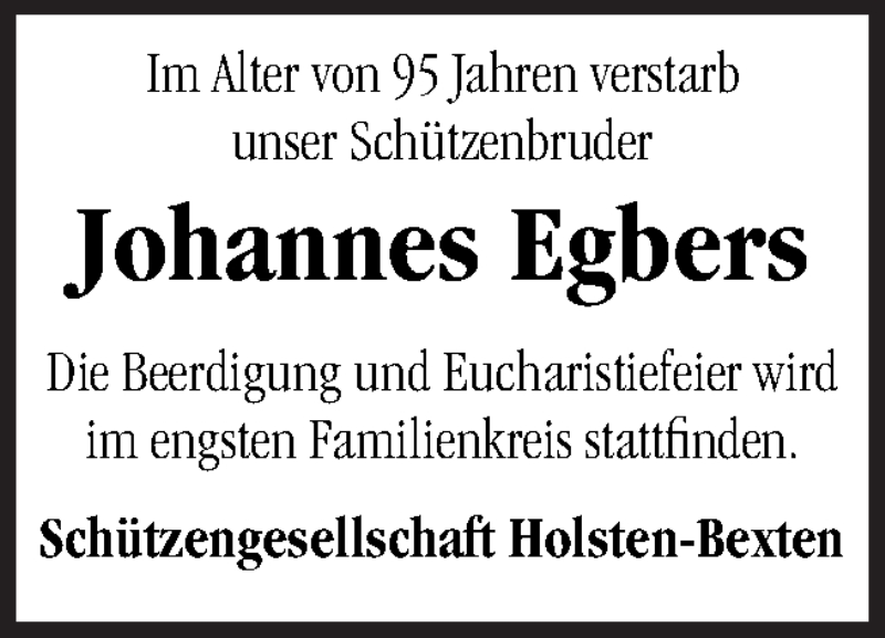  Traueranzeige für Johannes Egbers vom 04.07.2020 aus Neue Osnabrücker Zeitung GmbH & Co. KG