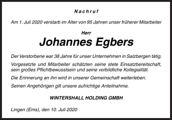 Traueranzeige von Johannes Egbers von Neue Osnabrücker Zeitung GmbH & Co. KG