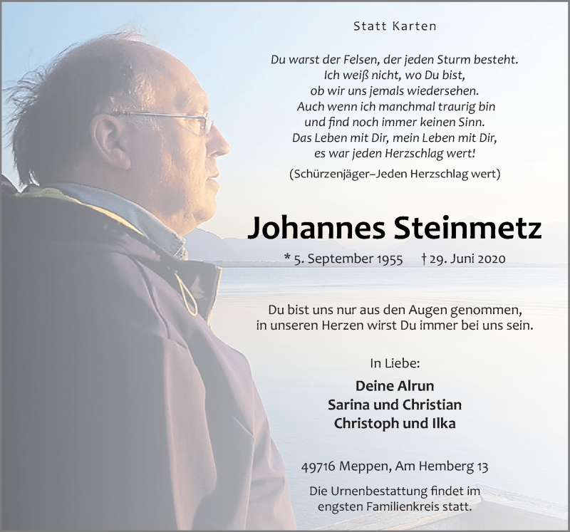  Traueranzeige für Johannes Steinmetz vom 04.07.2020 aus Neue Osnabrücker Zeitung GmbH & Co. KG