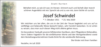 Traueranzeige von Josef Schwindel von Neue Osnabrücker Zeitung GmbH & Co. KG