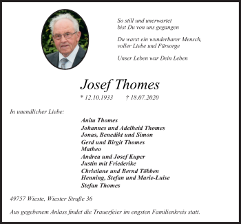 Traueranzeige von Josef Thomes von Neue Osnabrücker Zeitung GmbH & Co. KG