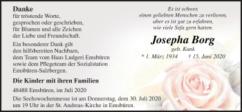 Traueranzeige von Josepha Borg von Neue Osnabrücker Zeitung GmbH & Co. KG