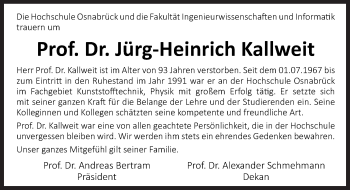 Traueranzeige von Jürg-Heinrich Kallweit von Neue Osnabrücker Zeitung GmbH & Co. KG