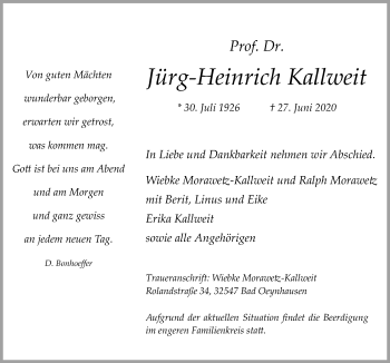 Traueranzeige von Jürg-Heinrich Kallweit von Neue Osnabrücker Zeitung GmbH & Co. KG