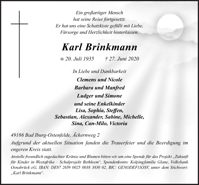  Traueranzeige für Karl Brinkmann vom 04.07.2020 aus Neue Osnabrücker Zeitung GmbH & Co. KG