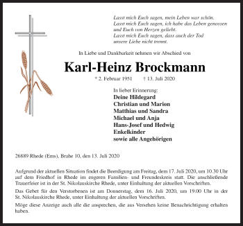 Traueranzeige von Karl-Heinz Brockmann von Neue Osnabrücker Zeitung GmbH & Co. KG