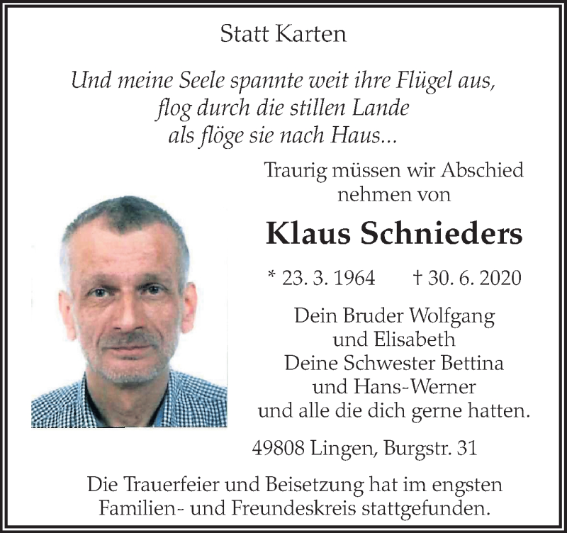  Traueranzeige für Klaus Schnieders vom 13.07.2020 aus Neue Osnabrücker Zeitung GmbH & Co. KG