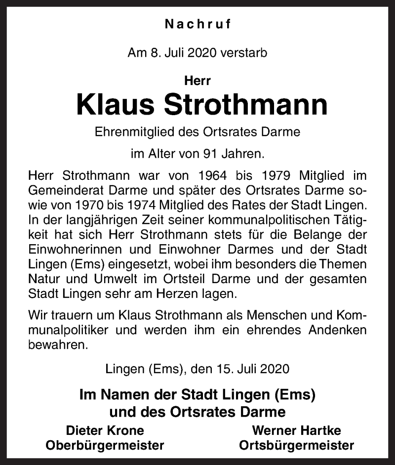  Traueranzeige für Klaus Strothmann vom 15.07.2020 aus Neue Osnabrücker Zeitung GmbH & Co. KG
