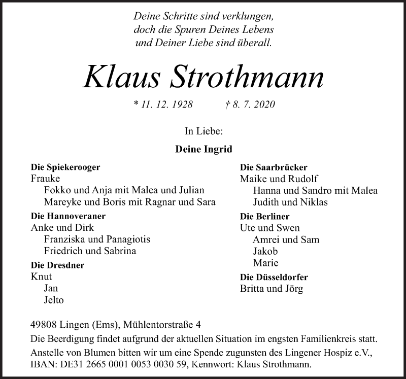  Traueranzeige für Klaus Strothmann vom 11.07.2020 aus Neue Osnabrücker Zeitung GmbH & Co. KG