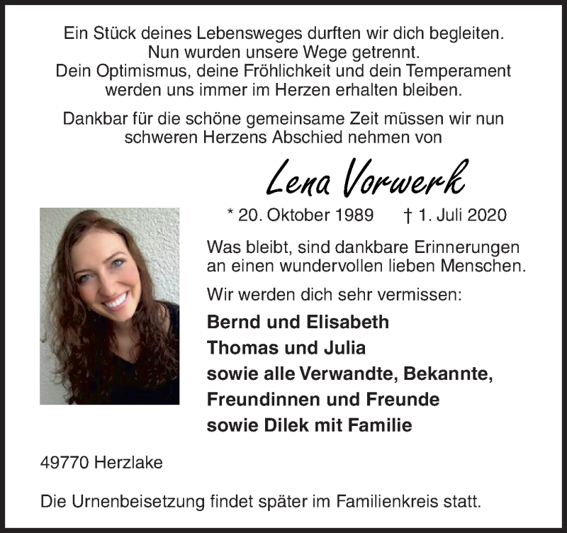  Traueranzeige für Lena Vorwerk vom 03.07.2020 aus Neue Osnabrücker Zeitung GmbH & Co. KG