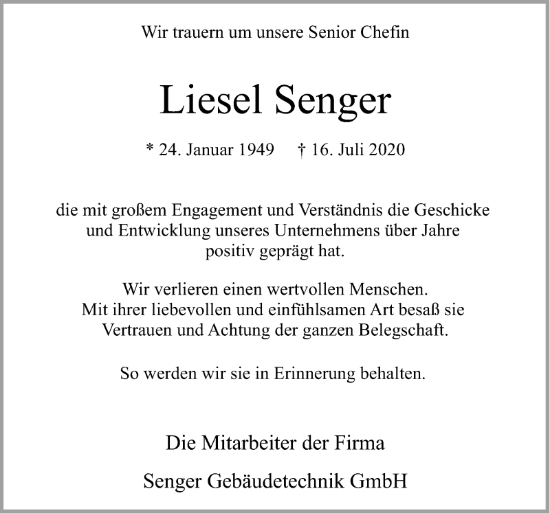  Traueranzeige für Liesel Senger vom 25.07.2020 aus Neue Osnabrücker Zeitung GmbH & Co. KG