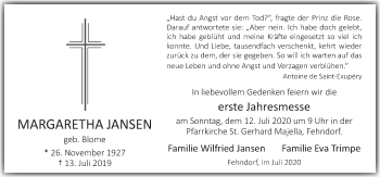 Traueranzeige von Margaretha Jansen von Neue Osnabrücker Zeitung GmbH & Co. KG