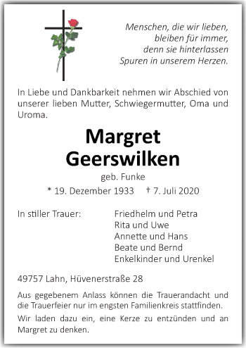 Traueranzeige von Margret Geerswilken von Neue Osnabrücker Zeitung GmbH & Co. KG