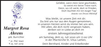 Traueranzeige von Margret Rosa Ahrens von Neue Osnabrücker Zeitung GmbH & Co. KG