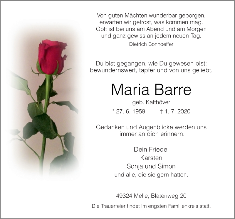  Traueranzeige für Maria Barre vom 07.07.2020 aus Neue Osnabrücker Zeitung GmbH & Co. KG