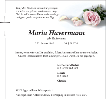 Traueranzeige von Maria Havermann von Neue Osnabrücker Zeitung GmbH & Co. KG