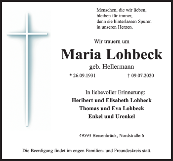 Traueranzeige von Maria Lohbeck von Neue Osnabrücker Zeitung GmbH & Co. KG