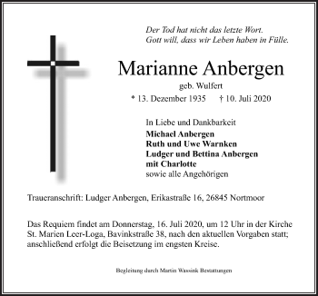 Traueranzeige von Marianne Anbergen von Neue Osnabrücker Zeitung GmbH & Co. KG