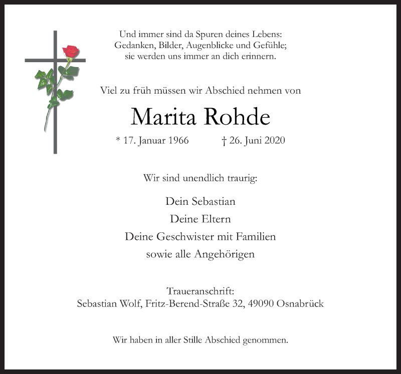  Traueranzeige für Marita Rohde vom 11.07.2020 aus Neue Osnabrücker Zeitung GmbH & Co. KG