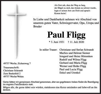 Traueranzeige von Paul Fligg von Neue Osnabrücker Zeitung GmbH & Co. KG