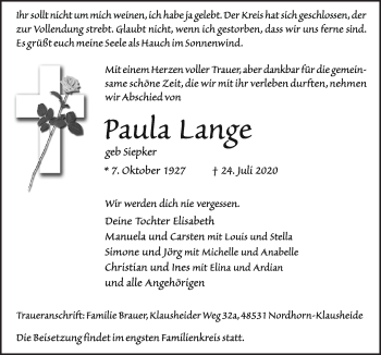 Traueranzeige von Paula Lange von Neue Osnabrücker Zeitung GmbH & Co. KG