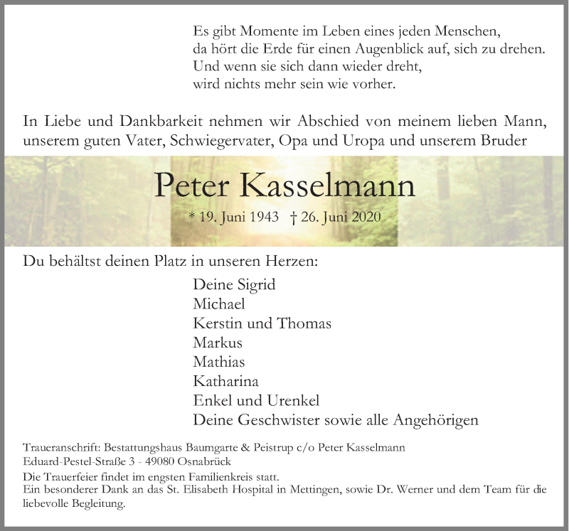  Traueranzeige für Peter Kasselmann vom 01.07.2020 aus Neue Osnabrücker Zeitung GmbH & Co. KG