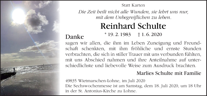  Traueranzeige für Reinhard Schulte vom 11.07.2020 aus Neue Osnabrücker Zeitung GmbH & Co. KG