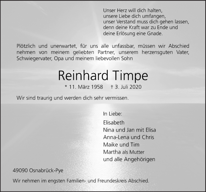  Traueranzeige für Reinhard Timpe vom 06.07.2020 aus Neue Osnabrücker Zeitung GmbH & Co. KG