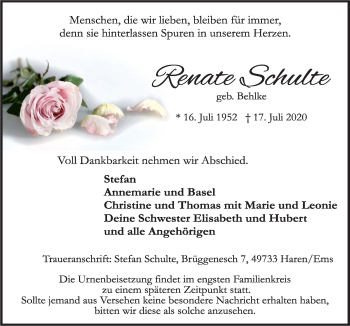 Traueranzeige von Renate Schulte von Neue Osnabrücker Zeitung GmbH & Co. KG