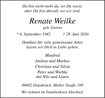 Traueranzeige von Renate Weilke von Neue Osnabrücker Zeitung GmbH & Co. KG