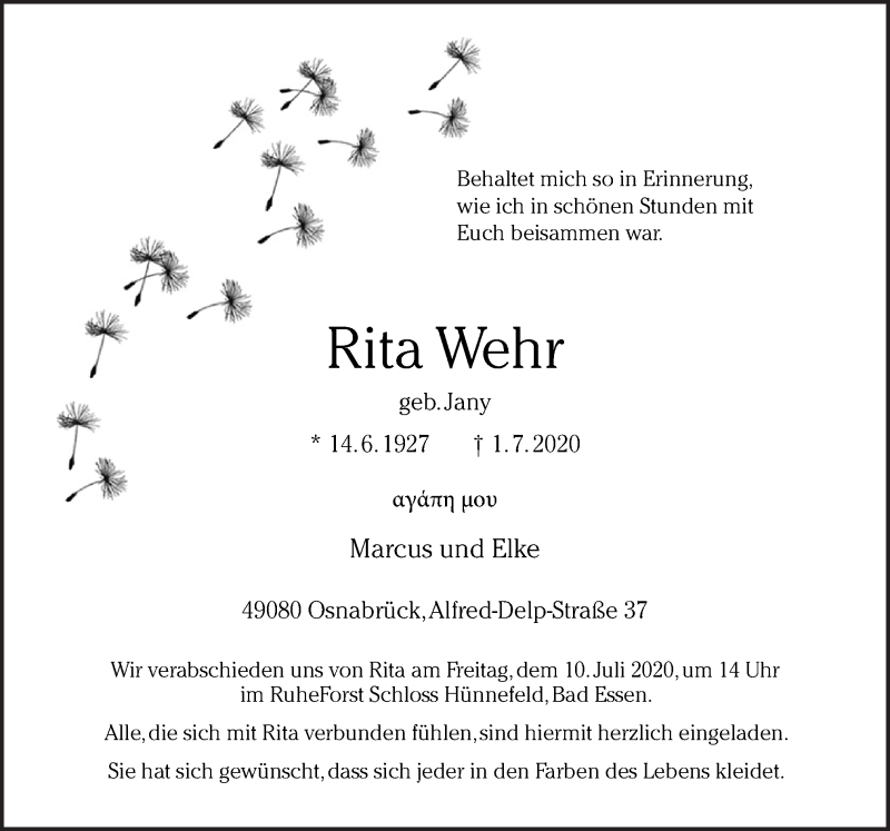  Traueranzeige für Rita Wehr vom 06.07.2020 aus Neue Osnabrücker Zeitung GmbH & Co. KG