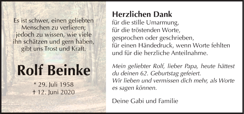  Traueranzeige für Rolf Beinke vom 29.07.2020 aus Neue Osnabrücker Zeitung GmbH & Co. KG