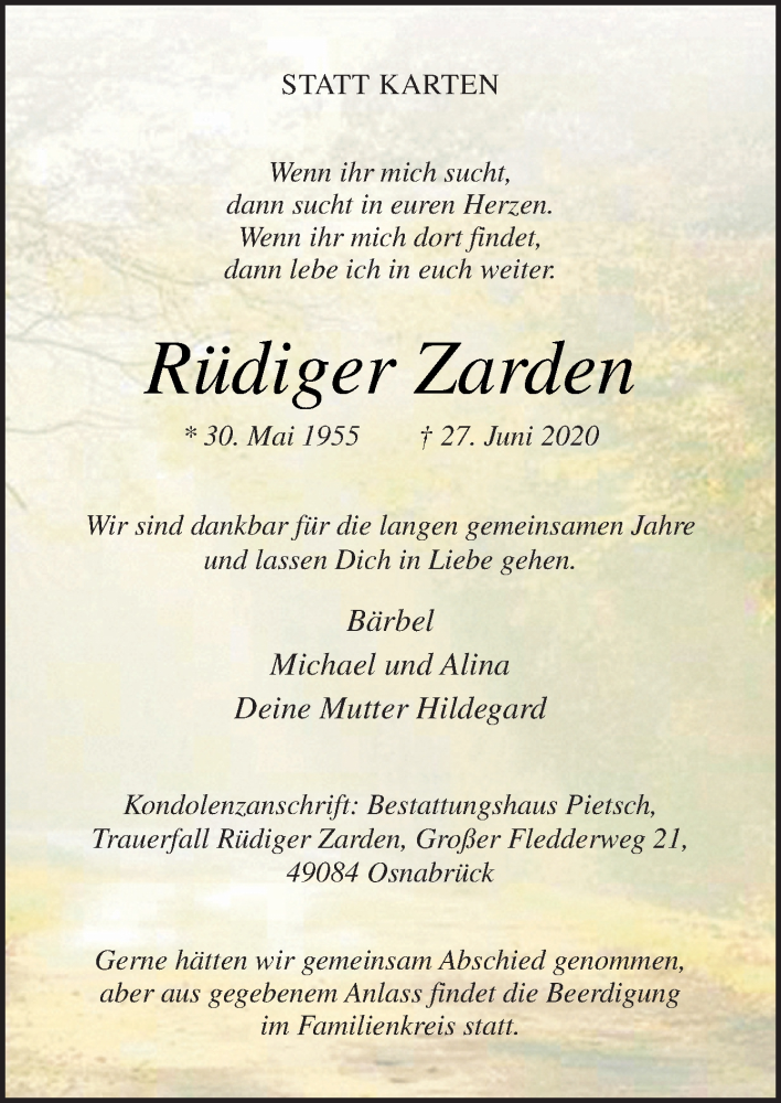  Traueranzeige für Rüdiger Zarden vom 01.07.2020 aus Neue Osnabrücker Zeitung GmbH & Co. KG