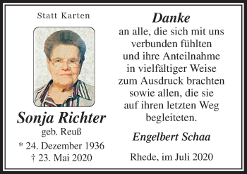 Traueranzeige von Sonja Richter von Neue Osnabrücker Zeitung GmbH & Co. KG