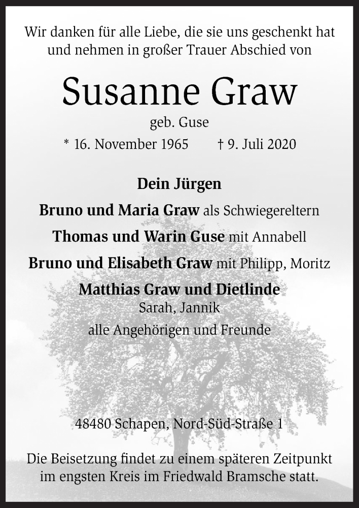  Traueranzeige für Susanne Graw vom 15.07.2020 aus Neue Osnabrücker Zeitung GmbH & Co. KG