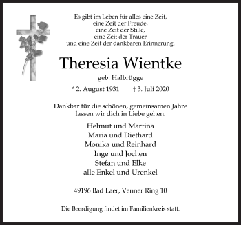 Traueranzeige von Theresia Wientke von Neue Osnabrücker Zeitung GmbH & Co. KG