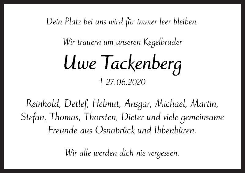  Traueranzeige für Uwe Tackenberg vom 11.07.2020 aus Neue Osnabrücker Zeitung GmbH & Co. KG
