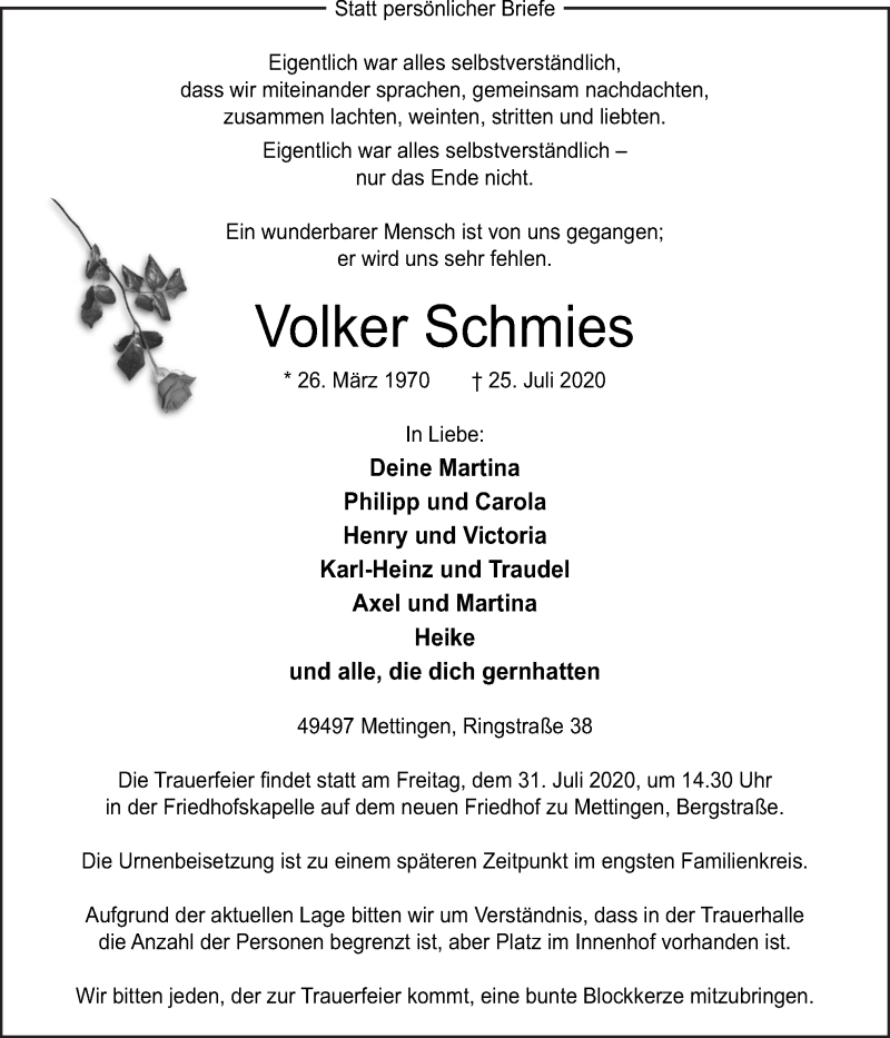  Traueranzeige für Volker Schmies vom 29.07.2020 aus Neue Osnabrücker Zeitung GmbH & Co. KG